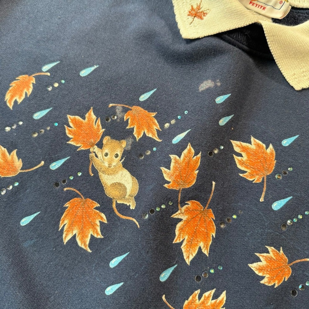 Vntg Morning Sun Petite Large Navy Falling Leaves Mouse Collared Grandma Sweater - Picture 4 of 11